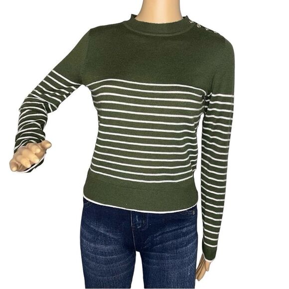Zara Striped Lightweight Long Sleeve Sweater Green and White Size Small - Picture 1 of 13